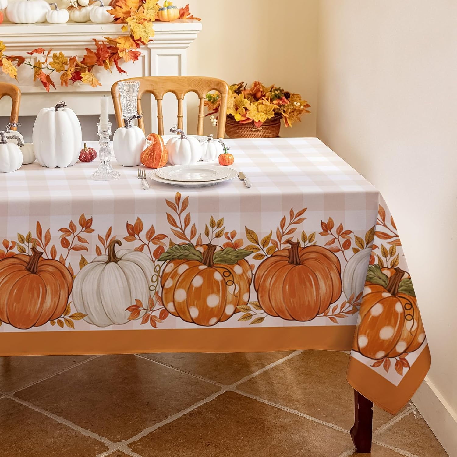 Nappe d'Automne Rectangulaire, Nappe à Carreaux Buffalo Citrouille de l'Action de Grâce et Récolte d'Automne, Nappe Résistante aux Taches et Lavable pour Fête/salle à Manger/vacances - à Carreaux Orange, 60 X 120 Pouces