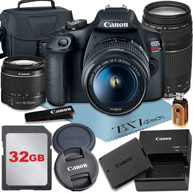 Canon EOS Rebel T7 DSLR Camera 24.1MP CMOS Sensor with 18-55mm + 75-300mm Lens + 64GB Memory Card + Case + ZeeTech Accessory Bundle