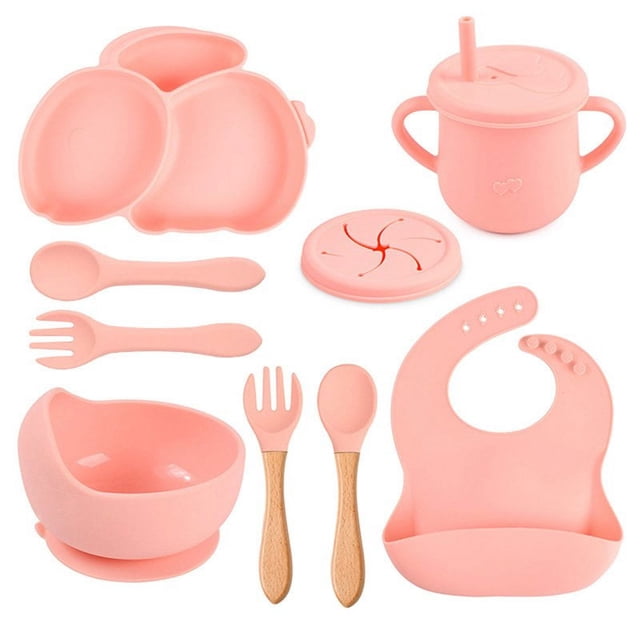 AMERTEER 9Pcs Children‘S Silicone Tableware Set Baby Non-Slip Divided Children‘S Plate Bowl With Suction Cup