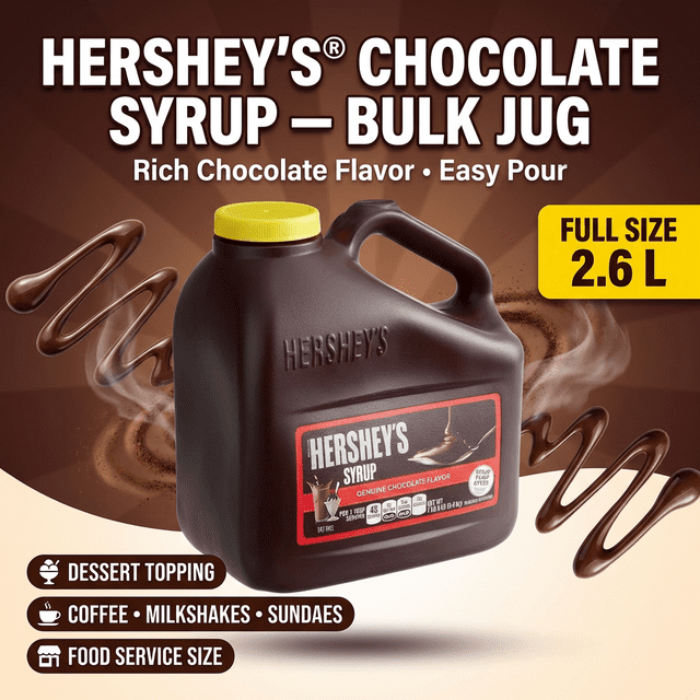 HERSHEY’S Chocolate Syrup Jug, 7.5 lb, featuring a rich chocolate flavor in a bulk-sized container with a yellow cap. The jug is designed for easy pouring and is ideal for desserts, milkshakes, sundaes, coffee, and baking. The label highlights its genuine chocolate taste and foodservice size, making it suitable for high-volume use in cafés, dessert stations, and events.