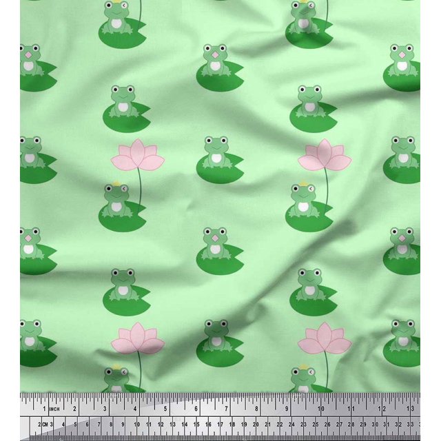 Soimoi Silk Fabric Lotus & Frog Kids Print Fabric by The Yard 42 Inch Wide