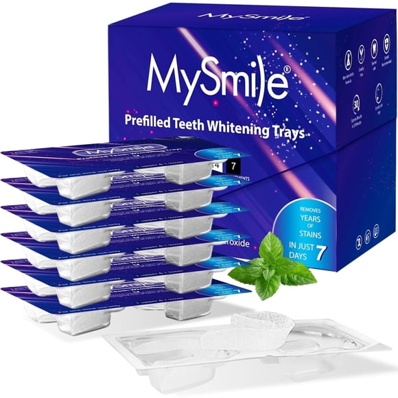 MySmile Plateau de Blanchiment des Dents Prérempli 14 Pcs, Kit de Plateau de Gel de Blanchiment des Dents au Peroxyde d'Hydrogène 12 %, Saveur Menthe, 7 Traitements, Élimine les Taches de 20 Ans