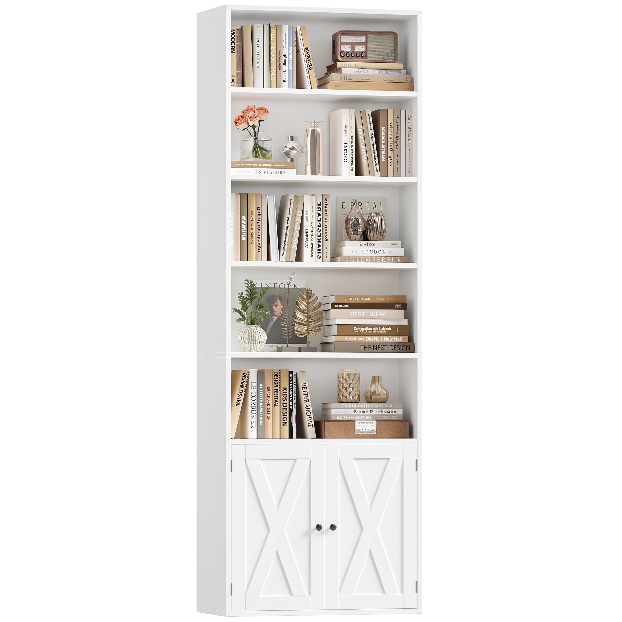 Condition photo showing New/Like New for hiphuta 81.5" tall bookcase with doors, 5-tier bookshelves with storage, 23.6"w display shelf with 2 doors for home office, living room, white