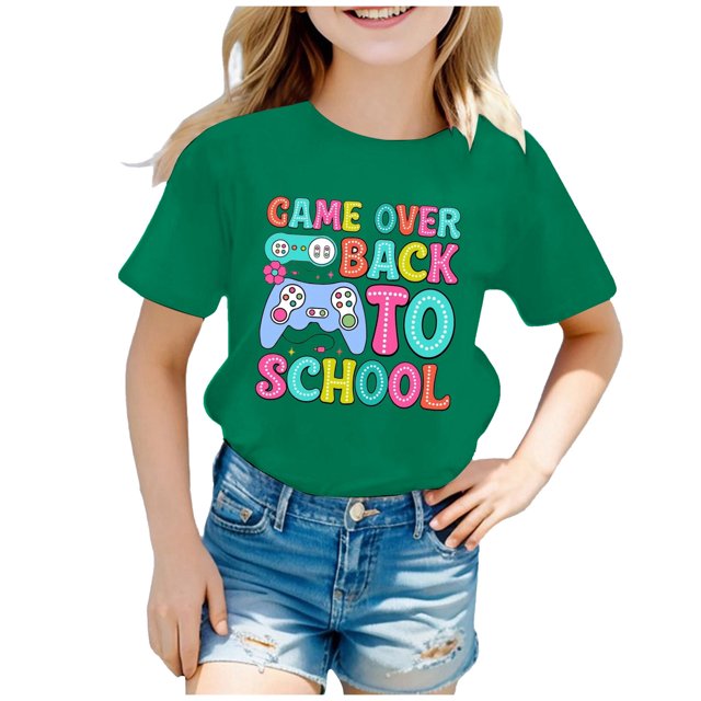 PMVFHDE T-Shirts Fille Hauts Graphiques T-Shirt Fille Hauts Manches Courtes Hauts Fille T-Shirt Enfants Rentrée des Classes Graphique Manches Courtes Col Rond T-Shirt Lumineux et Confortable pour Vert,10-11 Ans