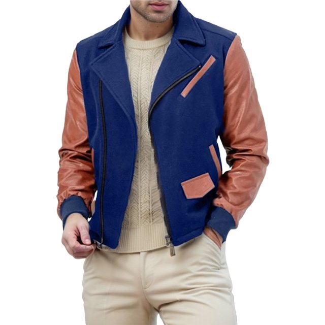FOCUSNORM Men's Zip Up Patchwork Jacket Woolen Leather Long Sleeve Contrast Color Lapel Neck Casual Coat
