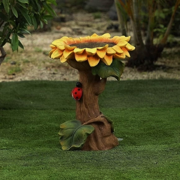 Cagogo Sunflower Bird Bath, Handmade Polyresin Garden Decor for Outdoor Birds, Brown Pedestal Birdbath with Ladybug, Flat Bottom Stable Base for Patio Lawn Yard Decoration