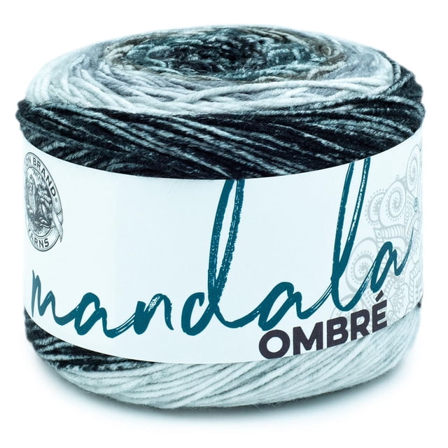 Lion Brand Yarn Mandala Ombre Cool Yarn, medium weight 4 yarn with 344 yards (315 meters) in a gradient from dark charcoal to light grey, 100% acrylic, ideal for knitting and crochet projects and often used for creating textured patterns.
