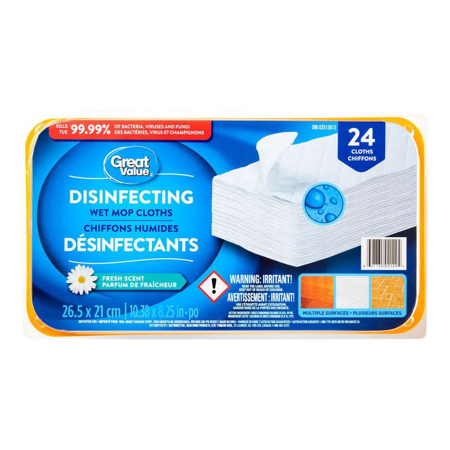 Great Value Disinfecting Wet Mop Cloths, 24 Count