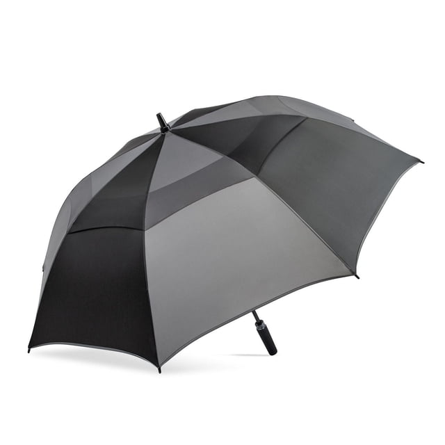 Vented Auto Open Golf umbrella with a 60-inch vented canopy in alternating dark and light grey panels, durable FRP fiberglass ribs, spiral-textured handle grip, and reflective trim for visibility, providing UPF 50+ sun protection suitable for golf and outdoor use.