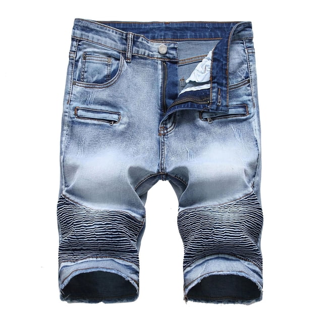 Cameland Men's Ripped Denim Trunks Stretchy Washed Jeans Trunks Cut-off Classic Fit Biker Jeans Trunks