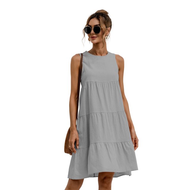 Nouvelle Robe Ligne A Unie pour Femmes Design Patchwork Col Rond Mode Urbaine Sans Manches Taille Mi-Haute Décontractée Ample Mini Robe