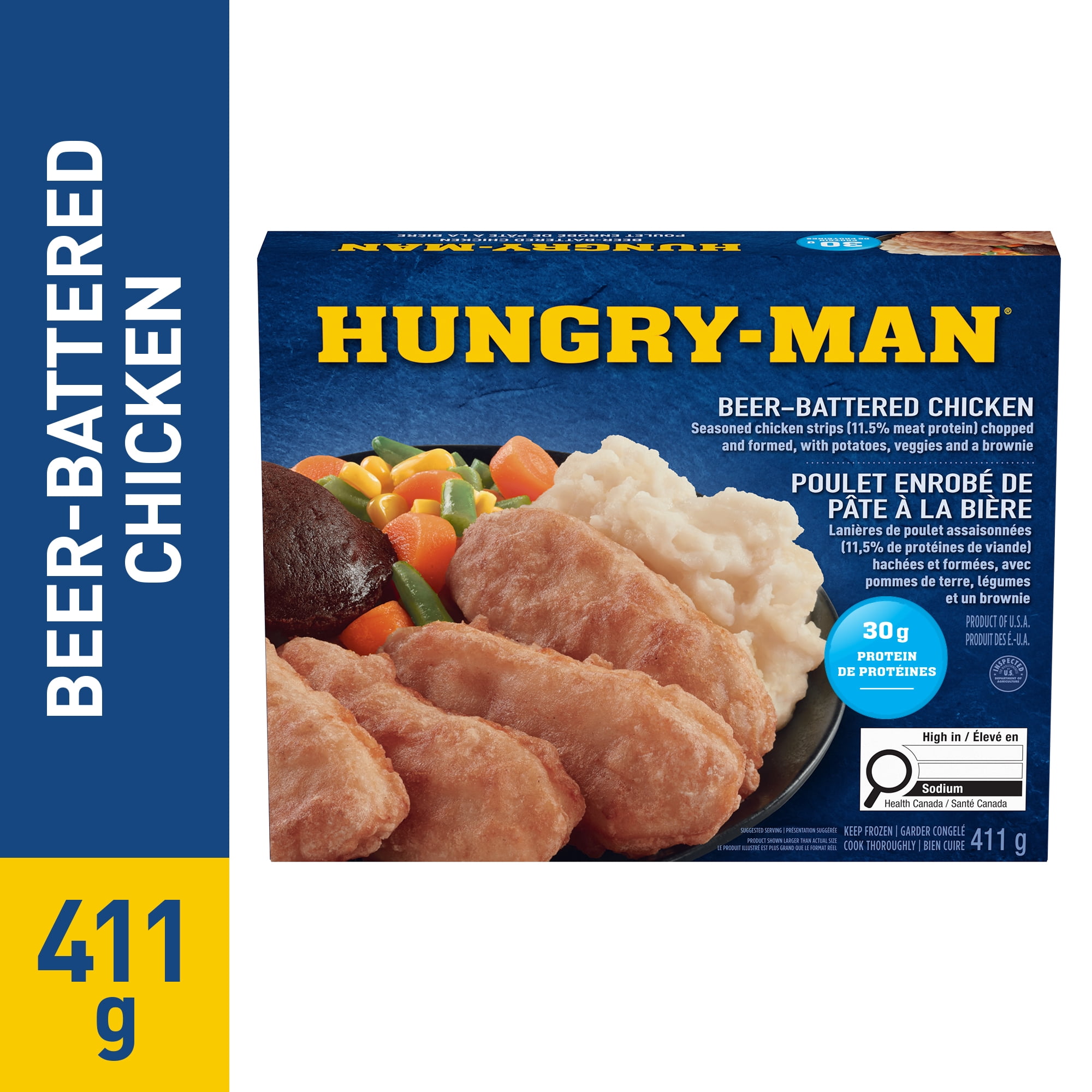 Hungry-Man Beer-Battered Chicken Frozen Entrée, With Potatoes, Veggies and a Brownie, 30 g of Protein, 411 g