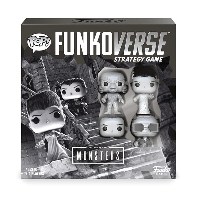 Funko FUNKOVERSE Jeux UNIVERSAL MONSTERS 100 Boîte de Jeu de Stratégie avec Quatre Figurines en Vinyle de Collection de Personnages Classiques de Monstres Universels, Incluant une Créature du Lagon Noir, la Mariée de Frankenstein, Dracula et un Homme Invisible, Conçue pour 2 à 4 Joueurs de 10 Ans et Plus, sur Fond d'Escalier de Château Gothique.