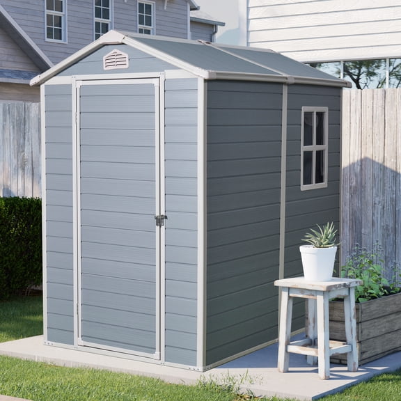 Remise de Rangement, Trousse d'Entrepôt Extérieure en Résine Grise 4 Pi X 6 Pi, Structure Légère Imperméable et Résistante aux Intempéries, Pièce de Rangement Extérieure Verrouillable pour Mobilier de Patio, Jardin et Divers