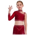 thumbnail image 2 of Manyakai Kids Girls Shiny Rhinestone Jazz Latin Modern Lyrical Dance Crop Tops Irregular Shoulder Burgundy 8, 2 of 7