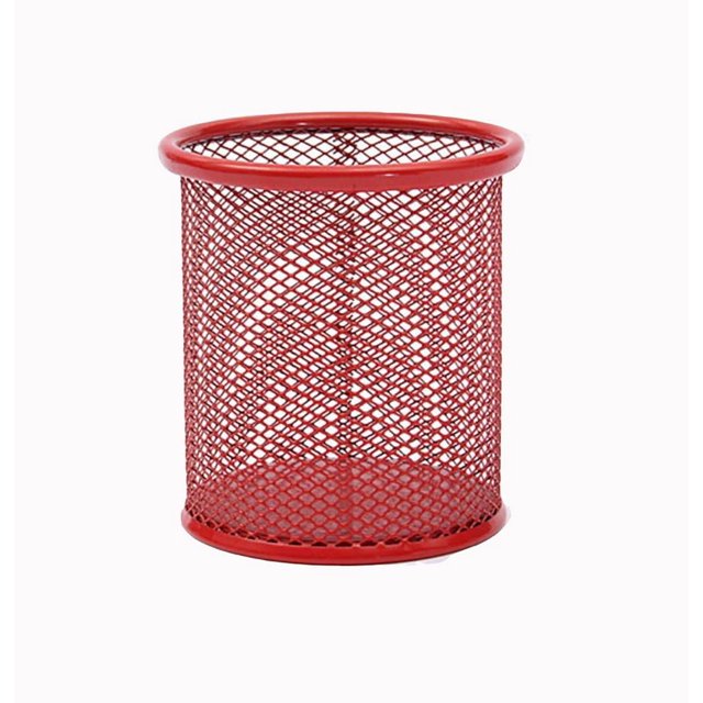 Office Desk Accessories Metal Grid Round Pens Pencils Holder Desk Organizer -Red