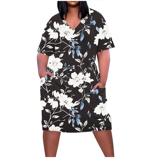 Pisexur Robes d'Été pour Femmes Mode Imprimé Floral Robe Décontractée Ample Col en V Manches Courtes Robes T-Shirt Fluide Surdimensionnée Robe de Plage avec Poches Grande Taille Mi-Mollet L-5TG