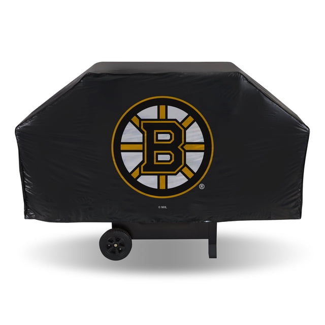 Boston Bruins Economy Grill Cover with a multicolour design featuring the Boston Bruins logo on a black background. Ideal for protecting BBQ grills from outdoor elements, this cover by Rico fits standard-sized grills and showcases team pride.