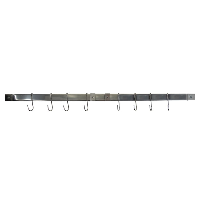 Range Kleen CW6012 Stainless Steel Expandable Pot Rack Bar with nine repositionable hooks, adjustable from 24 1/8 to 40 inches long, 1 3/8 inches tall, extending 1 inch from the wall, made of polished stainless steel for kitchen organization and utensil hanging in small spaces.