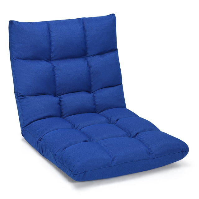 Costway Chaise de Sol Réglable à 14 positions, Chaise Longue de Jeu Paresseuse Pliable en Bleu. Cette Chaise Présente une surface en Tissu de Coton et Lin Capitonné avec Épais Rembourrage en Mousse pour le Confort. Elle a un Cadre en Acier Robuste, Supporte jusqu'à 264 Lb, et Peut Être Ajustée à 14 positions pour un Soutien Ergonomique. Légère et Pliable pour un Rangement Facile, Elle Est Idéale pour le Jeu, la Lecture Ou la Détente dans Divers Contextes comme le Salon, la Chambre Ou le Bureau.