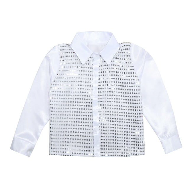 Boys Tops Sparkly Sequins Dance Long Sleeve Button Down Shirt for Jazz Performance Apparel