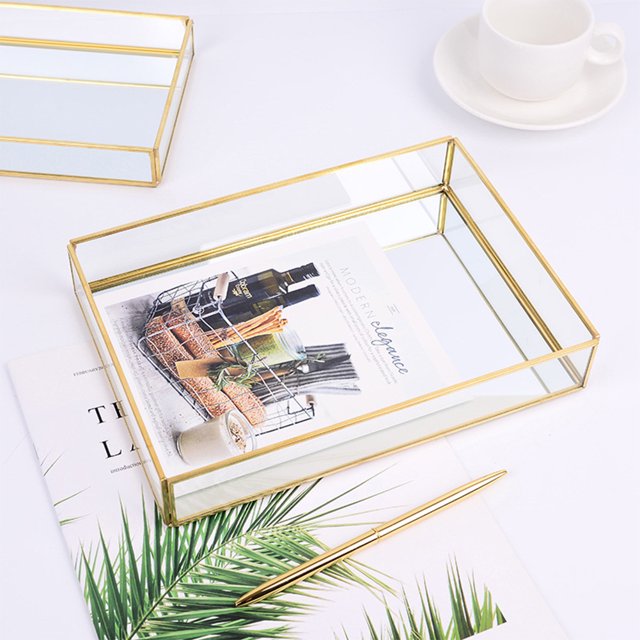 Dekaim Makeup Bags,Vintage Metal Glass Storage Box Gold Tray Jewelry Cosmetics Display Boxes(S)