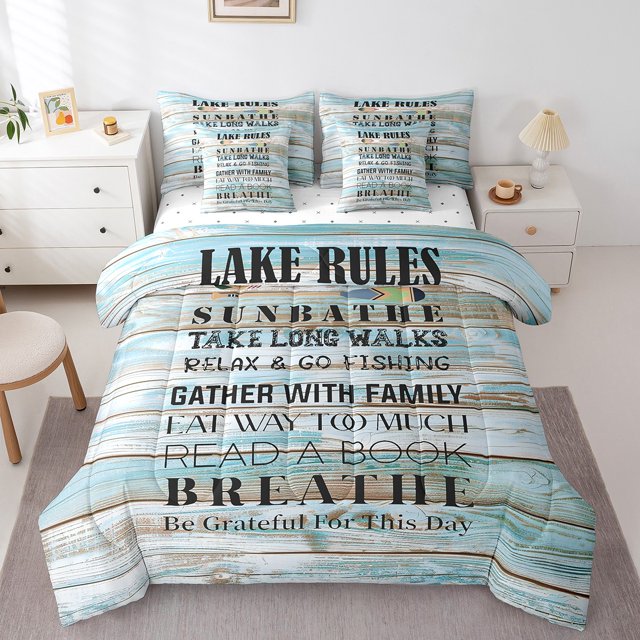 YST Lake Rules 7-Piece Comforter Set, Rustic Wooden Plank Bedding Set, Full Size