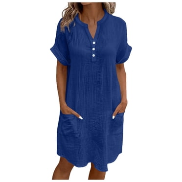 Robes Bleu Royal pour Femmes à Col en V pour Adolescentes Manches Courtes Midi Longueur Genou Unies Automne Été Boutonnées 2025 Vêtements Y2K TG