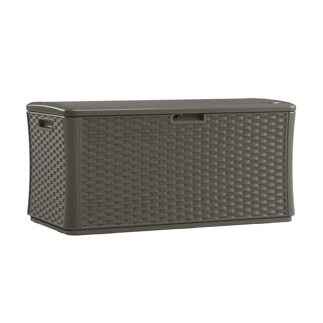 Suncast 134 gal. Deck Box for Outdoor Patio in stoney color with extra-large storage, featuring a rectangular shape with decorative wicker-patterned multi-wall resin panels, hinged lid with handle, side grips, and weather-resistant design ideal for storing cushions and garden supplies.