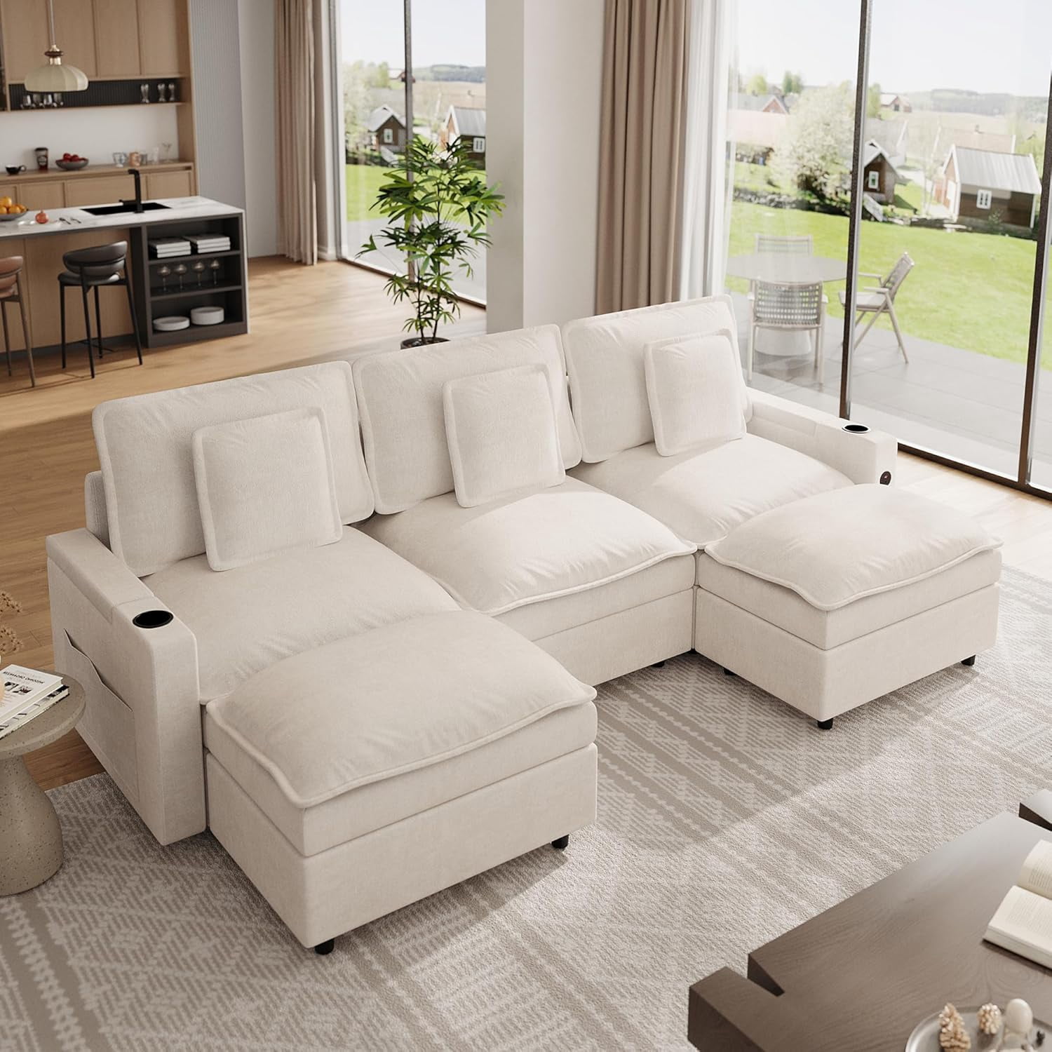 Sectional Couches, 108 in Cloud Modular Sectional Sofa, U-Shaped Chenille Deep Seat Sofa with Storage Armrests and Charging Ports, Movable Ottoman and Cup Holder Included, Beige