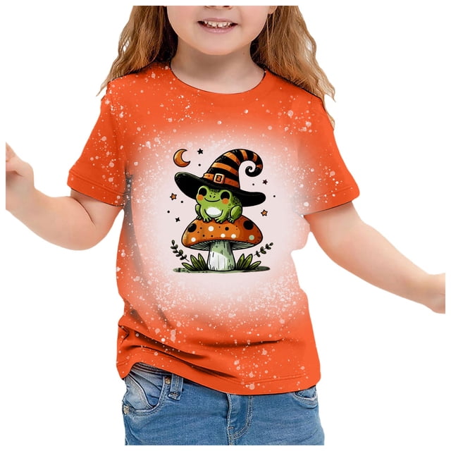 GDREDA Mignon Halloween T-Shirt à Manches Courtes Imprimé pour Filles Haut Décontracté à Col Rond pour les Festivités d'Automne Jaune Pâle, 8-9 Ans