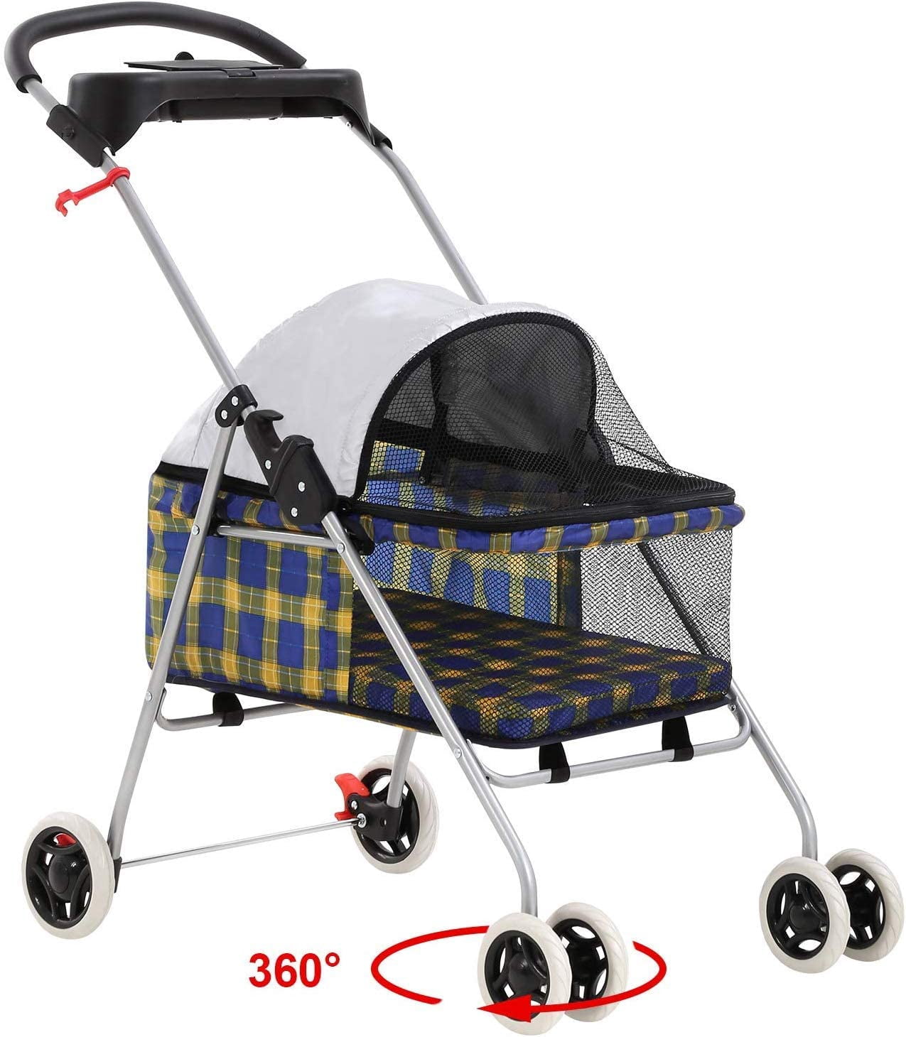 FDW 4-Wheel Folding Pet Stroller for Cats & Dogs, Portable Waterproof Travel Design with Cup Holder, Yellow Plaid