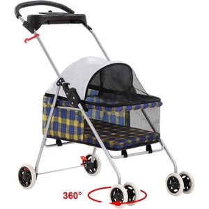 FDW 4-Wheel Folding Pet Stroller for Cats & Dogs, Portable Waterproof Travel Design with Cup Holder, Yellow Plaid