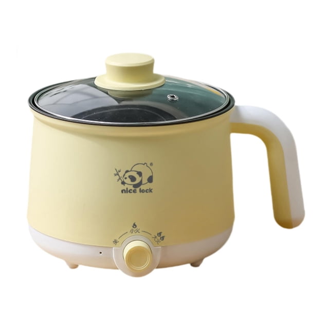Tnarru Electric Cooking Pot Raman Cooker Stainless Steel Mini Travel Cooker with a yellow body, visible glass lid, and ergonomic handle. Features a nonstick interior and a front dial with two temperature settings for versatile cooking. Compact and portable, suitable for preparing noodles, soup, dumplings, and more. Ideal for dorms, travel, and home kitchens.