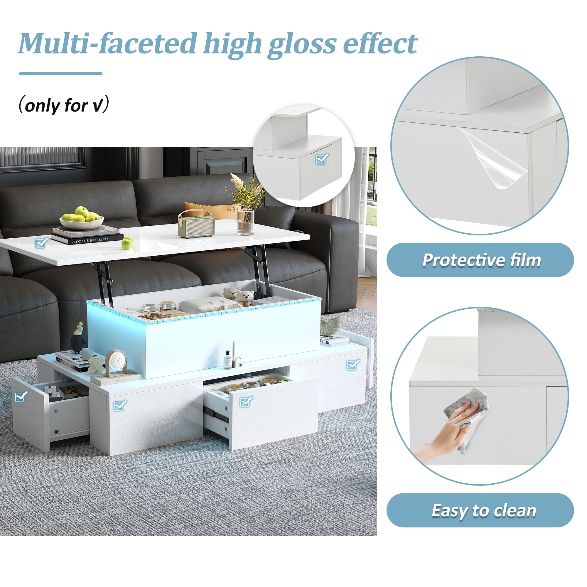 Homy Casa table basse blanche relevable avec 4 tiroirs, lumières LED et rangement caché pour salon