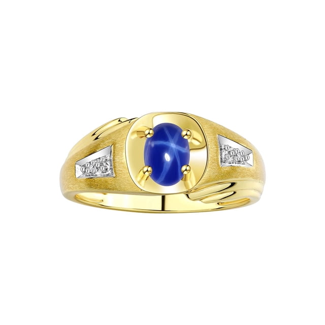 RYLOS Men's Rings 14K Yellow Gold Rings Classic Designer Style 7X5MM Gemstone & Diamond Ring Blue Star Sapphire September Birthstone Rings For Men, Size 12
