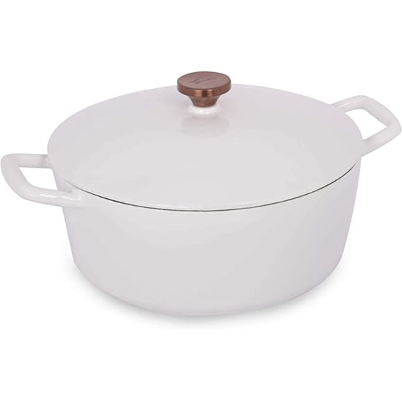 Lagostina Cocotte Ronde en Fonte de 6 Pintes avec Couvercle, Ronde, Faitout Émaillé, avec Four Français, Blanche avec Couvercle en Bronze