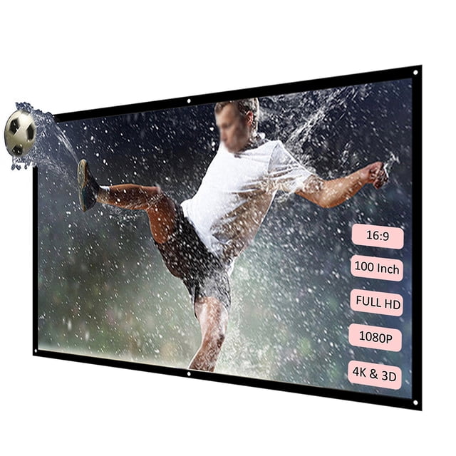 Écran de Projecteur 16:9 de 100 Pouces au design Pliable et portable, Affiché en Vue Frontale. l'Écran Présente une image Haute Définition d'Un Joueur de soccer Qui Tape un Ballon, Mettant en Valeur Sa Compatibilité 1080p et 4K. la Bordure Noire Rehausse la Zone Visuelle, et l'Écran Convient aux Cinémas Maison, aux Salles de Classe et à l'Extérieur. Comprend des Crochets et des Autocollants pour un Montage Mural Ou sur Support Facile.
