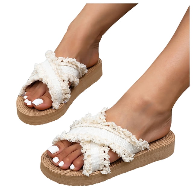Sandales à Enfiler de Plage pour Femmes, Blanches, en Toile Déchirée, Plateforme, Pantoufles Plates, Chaussures d'Été
