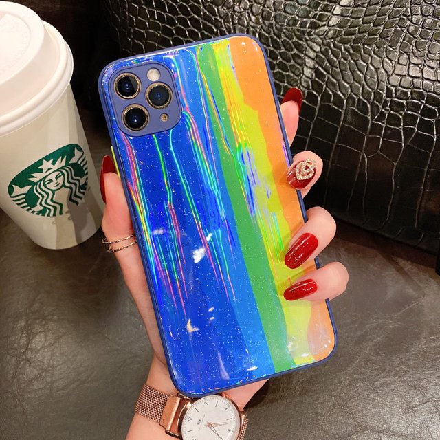 Compatible with iPhone Case,Bling Glitter Rainbow Pattern Hard PC Back Stripe Girls Woman Frosted Soft TPU Bumper Silicone Case for iPhone 11Pro MAX (Blue)