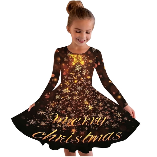 RXMEKW Robe Patineuse de Noël Imprimée pour Filles à Manches Longues à Col Rond Robe Tournoyante pour Récital et Fête pour l'École des Fêtes et les Événements Festifs