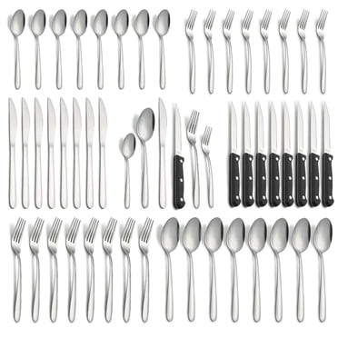 Bestdin Ensemble de 48 Pcs de Couverts pour 8, Ensembles de Coutellerie avec Couteaux à Steak, Ensemble de Vaisselle en Acier Inoxydable de Qualité Alimentaire, pour Maison Cuisine Restaurant Hôtel, Va au Lave-Vaisselle, Poli Miroir