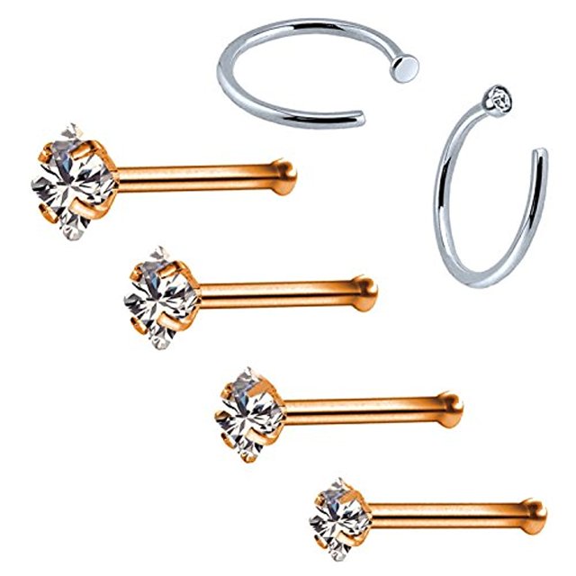 BodyJ4You 6PCS Nose Rings Studs Hoop 20G Stainless Steel Rose Goldtone Bone Pin Body Piercing Jewelry (0.8mm)