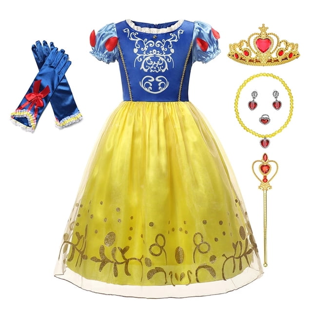 HAWEE Robe de Fille Snow White Costume de Princesse Déguisement Chic Tenue de Fête d'Anniversaire, Comprenant un Corsage Bleu avec une Broderie Blanche Complexe, des Manches Bouffantes avec des accents Rouges et une Jupe Superposée Jaune avec des Motifs Floraux Scintillants. Accessoires Incluant une Couronne Dorée avec des Bijoux Rouges, un Collier Assorti, des Boucles d'Oreilles, une Baguette et des Gants Bleus avec des Nœuds Rouges. Parfait pour les Fêtes d'Anniversaire, l'Halloween Ou les Activités de Jeu de Rôle.