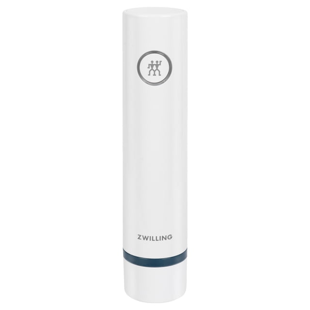 ZWILLING Fresh & Save Vacuum Pump with Cap in La-Mer color. A sleek, cylindrical, cordless vacuum sealing device with a white body and a blue accent near the base. Features the ZWILLING logo on the front. Designed for vacuum sealing food containers and bottles, it operates at the touch of a button and stops automatically when a sufficient vacuum is achieved. Includes a USB charging cable and is compact for easy storage.