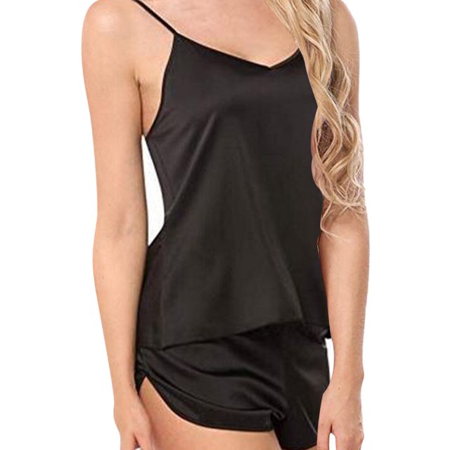 pitrice Pajama Set Sleeveless Strap Shorts Suit V Neck Woman Sleepware Suit, Black, L