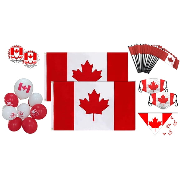 Canada Party Favors: 2 Canada Flags - 20 Canada Wavying Flags - 1 Canada Bunting Banner Flag - 50 Canada Balloons - 25x4=100 Canada Tattoo's - 2 Canada Facemask - 3 Canada Bumper Stickers