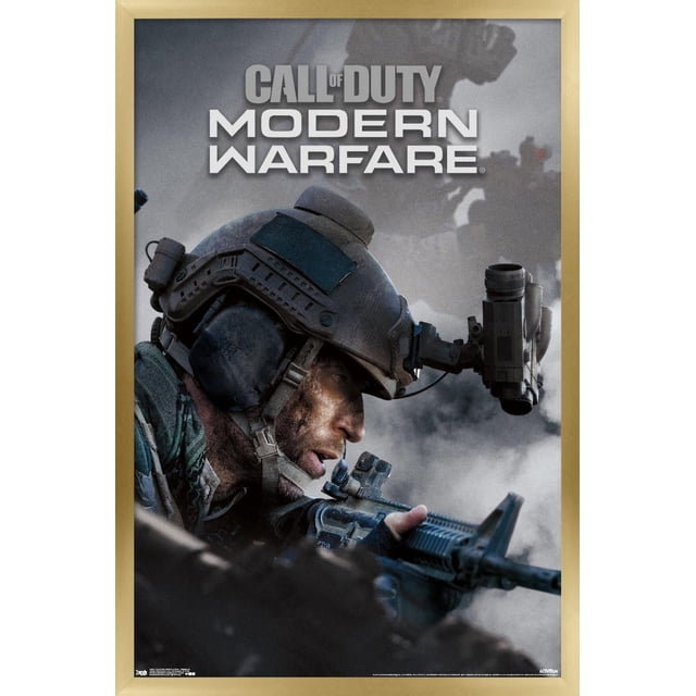 Call of Duty : Modern Warfare - Affiche Murale Multijoueur, 22,375 Po x 34 Po, Représentant un Soldat avec Casque Tactique et Équipement Orientant un Fusil avec une Lunette Montée sur un Fond de Champ de Bataille Enfumé, Convient à la Déco Murale de Salle de Jeux Ou de Bureau.