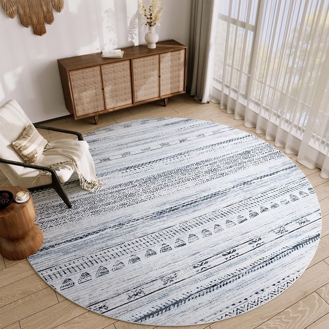 Round Blue Rug for Living Room 6x6ft Boho Area Rugs Machine Washable Rugs for Bedrooms Nursery Dining Room Moroccan Circle Rug Modern Non Slip Round Carpet