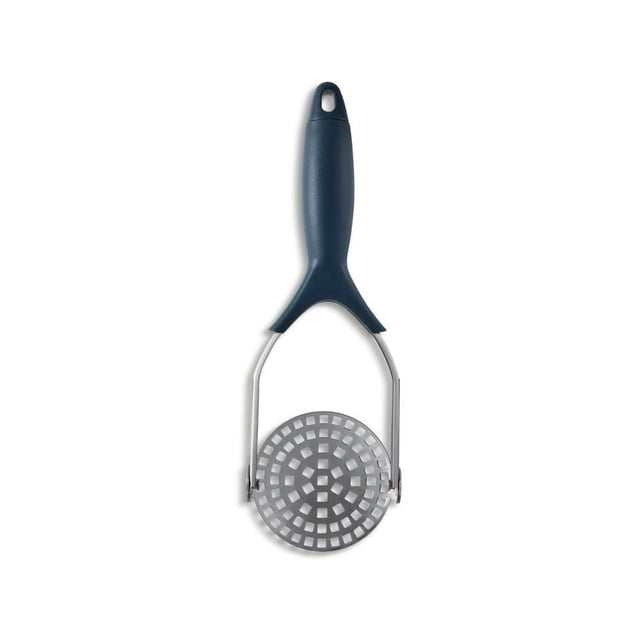 Thyme & Table Stainless Steel Potato Masher, Blue with a blue ergonomic handle and round perforated stainless steel mashing plate, a kitchen utensil suitable for mashing potatoes, root vegetables, and fruits with consistent texture.